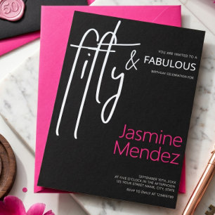 Fuchsia Pink Black Chic 50 & Fabulous Birthday  Invitation