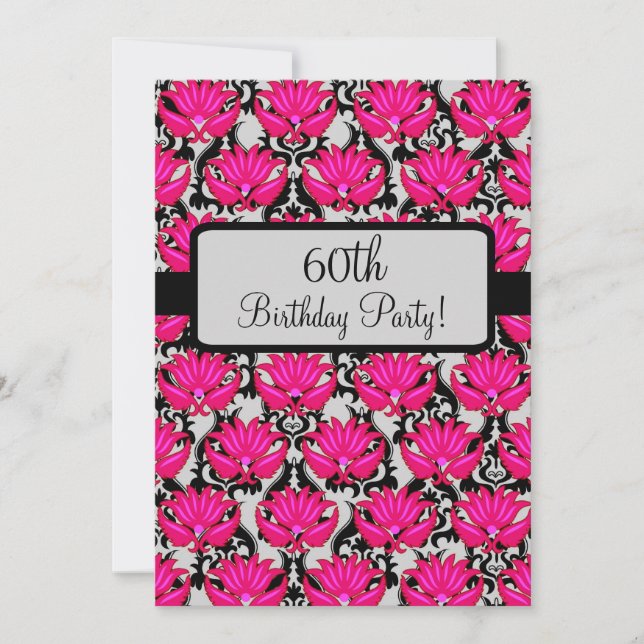 Fuchsia Pink Black Damask 60th Birthday Party Invitation (Front)