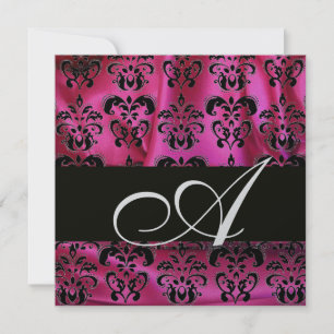 FUCHSIA PINK BLACK DAMASK CLOTH MONOGRAM Silver Invitation