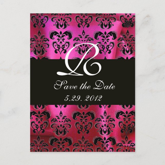 FUCHSIA PINK BLACK DAMASK CLOTH MONOGRAM , white Announcement Postcard (Front)