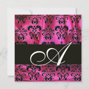 FUCHSIA PINK BLACK DAMASK CLOTH MONOGRAM , white Invitation
