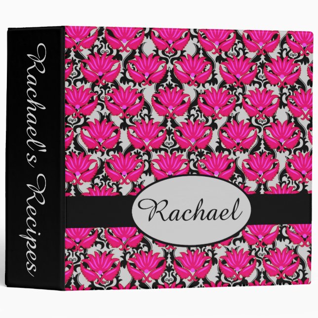 Fuchsia Pink Black Grey Damask Personalized Album Binder (Front/Spine)