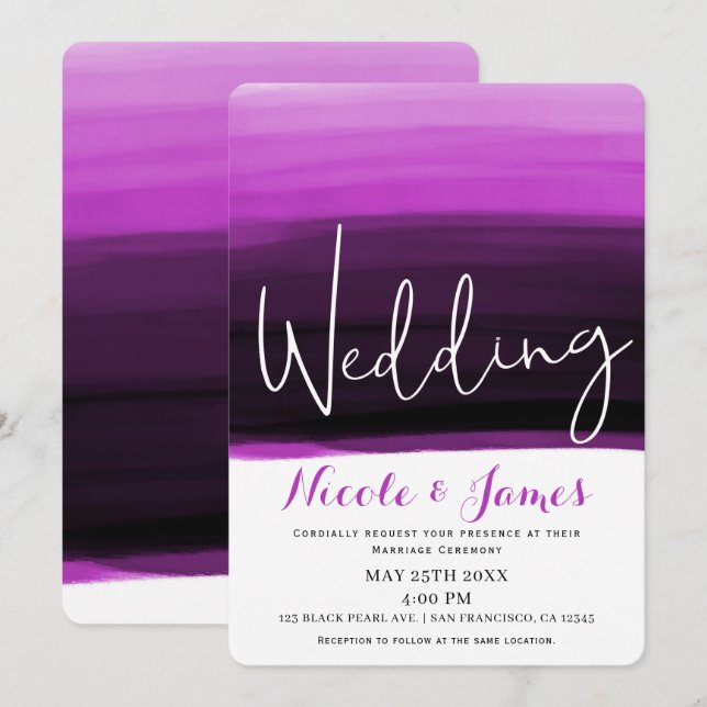 Fuchsia Pink Black Watercolor Modern Glam Wedding Invitation (Front/Back)