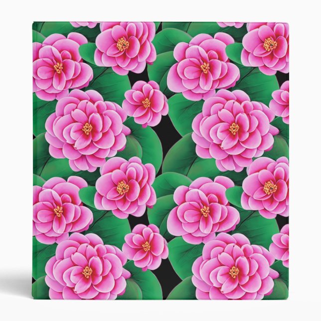Fuchsia Pink Camellias and Jade Green Leaves Binder (Front)