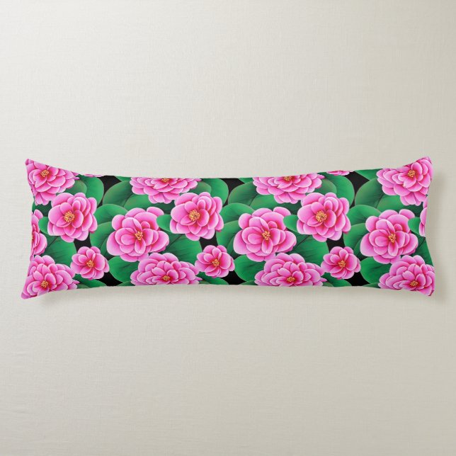 Fuchsia Pink Camellias and Jade Green Leaves Body Pillow (Front)