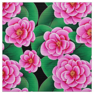 Fuchsia Pink Camellias and Jade Green Leaves Fabric