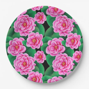 Fuchsia Pink Camellias and Jade Green Leaves Paper Plate