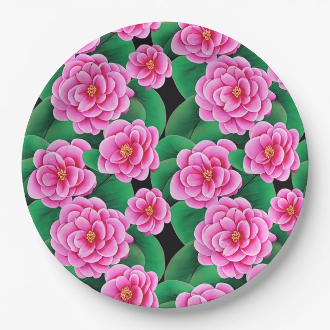 Fuchsia Pink Camellias and Jade Green Leaves Paper Plate (Front)