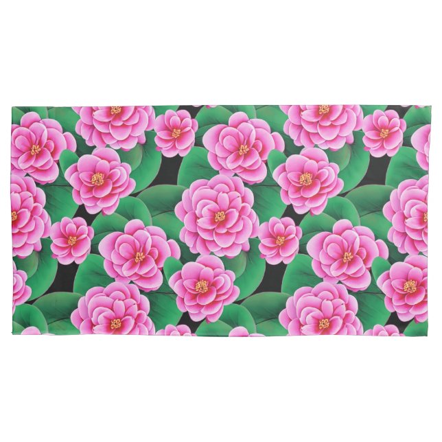Fuchsia Pink Camellias and Jade Green Leaves Pillowcase (Front)