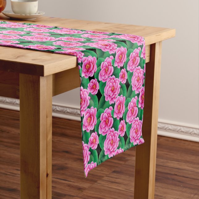 Fuchsia Pink Camellias and Jade Green Leaves Short Table Runner (In Situ)