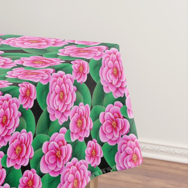 Fuchsia Pink Camellias and Jade Green Leaves Tablecloth (In Situ)