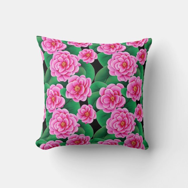 Fuchsia Pink Camellias and Jade Green Leaves Throw Pillow (Front)