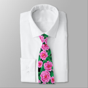 Fuchsia Pink Camellias and Jade Green Leaves Tie