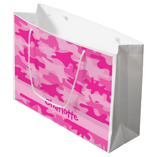 Fuchsia Pink Camouflage Name Personalized Large Gift Bag (Front Angled)