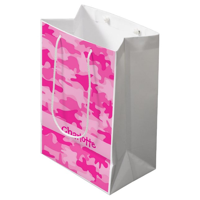 Fuchsia Pink Camouflage Name Personalized Medium Gift Bag (Front Angled)