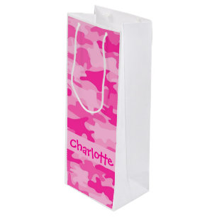 Fuchsia Pink Camouflage Name Personalized Wine Gift Bag