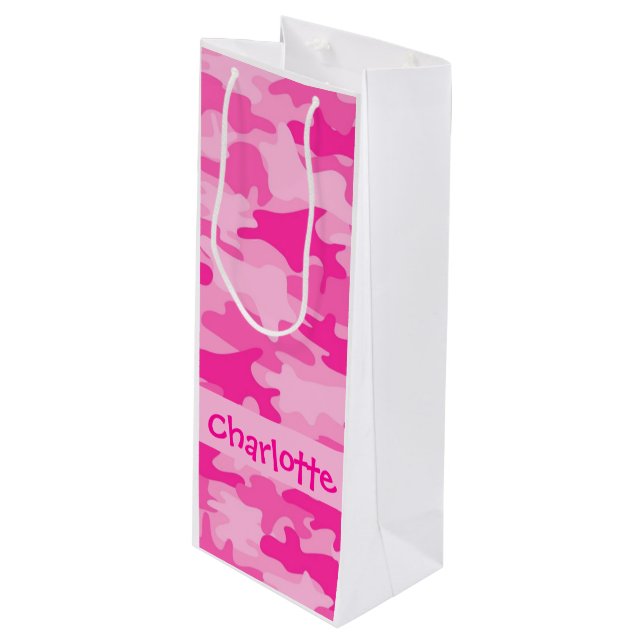 Fuchsia Pink Camouflage Name Personalized Wine Gift Bag (Front Angled)