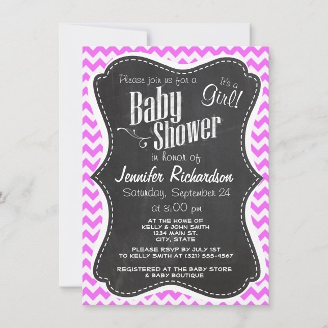 Fuchsia Pink Chevron Stripes; Chalkboard look Invitation (Front)