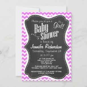 Fuchsia Pink Chevron Stripes; Chalkboard look Invitation