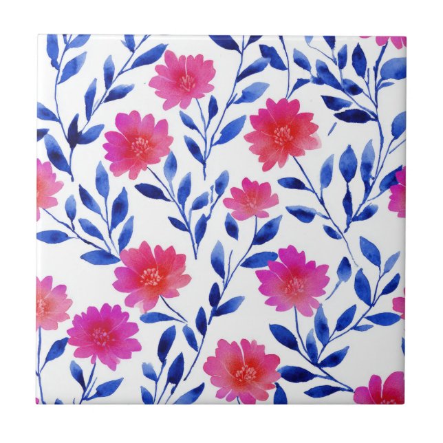 Fuchsia Pink Chic Spring Flowers Watercolor Floral Tile (Front)