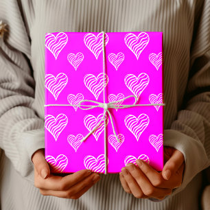 Fuchsia Pink Chic Wavy Stiped White Hearts Wrapping Paper
