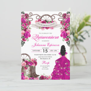Fuchsia Pink Cowgirl Western Charro Quinceanera Invitation