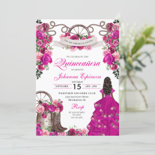 Fuchsia Pink Cowgirl Western Charro Quinceanera Invitation