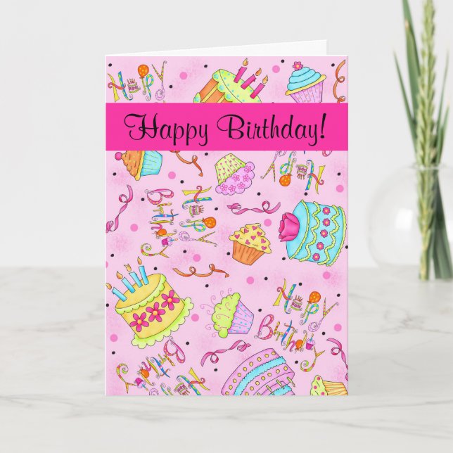 Fuchsia Pink Cupcakes /Cake Custom Happy Birthday Card (Front)