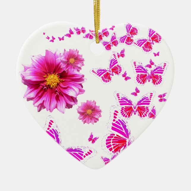Fuchsia Pink Dahlia's & Butterflies white Pattern Ceramic Ornament (Front)