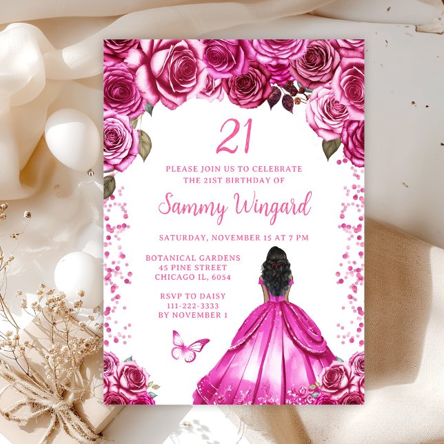 Fuchsia Pink Dark Skin Princess Birthday Party Invitation (Creator Uploaded)
