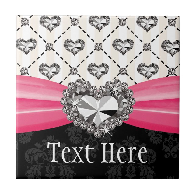 Fuchsia Pink Diamond Heart Ceramic Tile Trivet (Front)