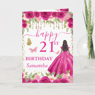 Fuchsia Pink Dress Dark Skin Princess Birthday Card