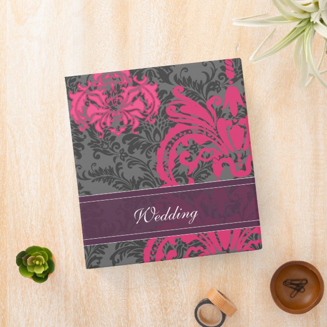Fuchsia Pink, Eggplant and Grey Damask Wedding Binder (In Situ)