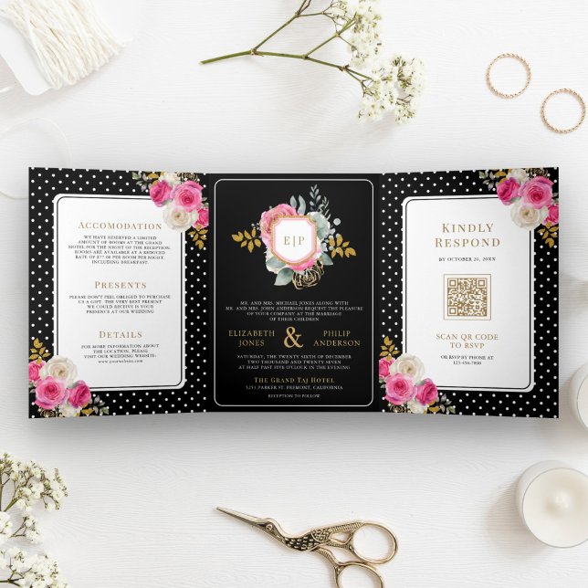 Fuchsia Pink Floral All in One Crest Black Wedding Tri-Fold Invitation (Creator Uploaded)