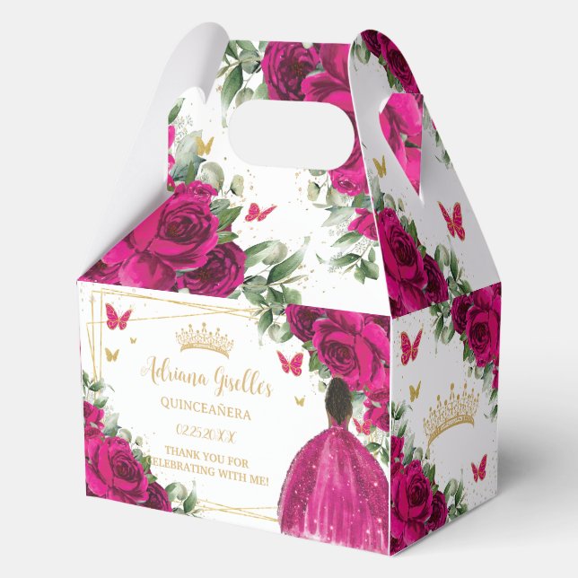 Fuchsia Pink Floral Brown Girl Sweet Quinceañera  Favor Box (Front)