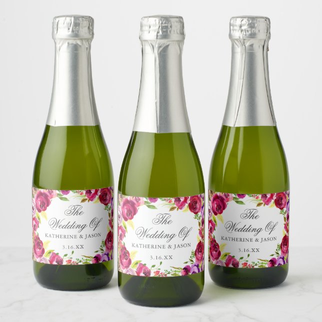 Fuchsia Pink Floral Chic Personalized Wedding Mini Sparkling Wine Label (Bottles)