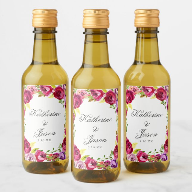 Fuchsia Pink Floral Chic Personalized Wedding Mini Wine Label (Bottles)