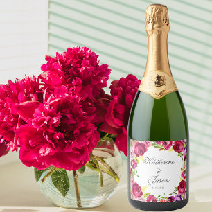 Fuchsia Pink Floral Chic Personalized Wedding Sparkling Wine Label