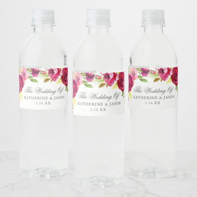 Fuchsia Pink Floral Chic Personalized Wedding Water Bottle Label (Bottles)