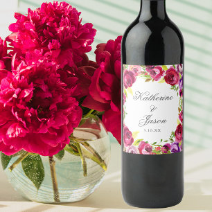 Fuchsia Pink Floral Chic Personalized Wedding Wine Label
