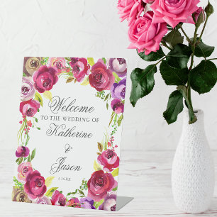 Fuchsia Pink Floral Chic Romantic Wedding Welcome Pedestal Sign