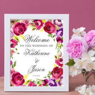 Fuchsia Pink Floral Chic Romantic Wedding Welcome Poster