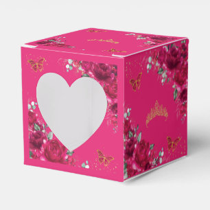 Fuchsia Pink Floral Gold Quinceanera 15 16 XV Mini Favor Box