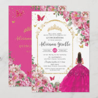 Fuchsia Pink Floral Gold Quinceañera Sweet 16 XV