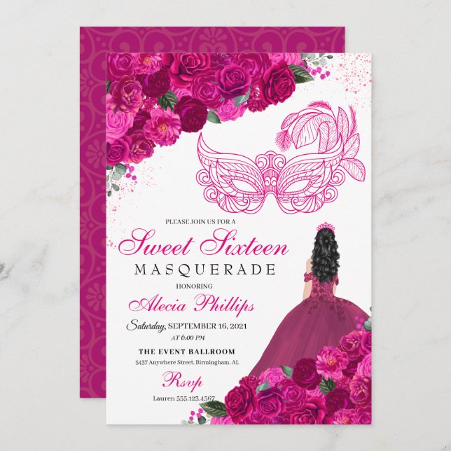 Fuchsia Pink Floral Masquerade Sweet 16 Invitation (Front/Back)