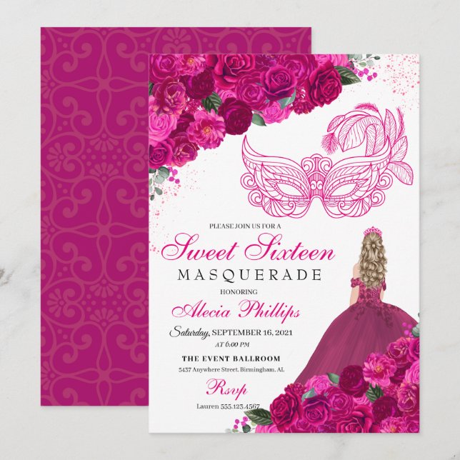 Fuchsia Pink Floral Masquerade Sweet 16 Invitation (Front/Back)