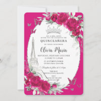 Fuchsia Pink Floral Paris Butterflies Quinceañera