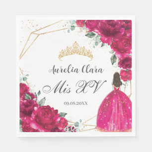 Fuchsia Pink Floral Princess Gown Gold Quinceañera Napkin