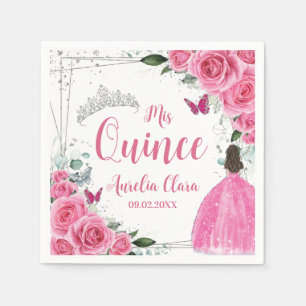Fuchsia Pink Floral Princess Silver Quinceañera 15 Napkin