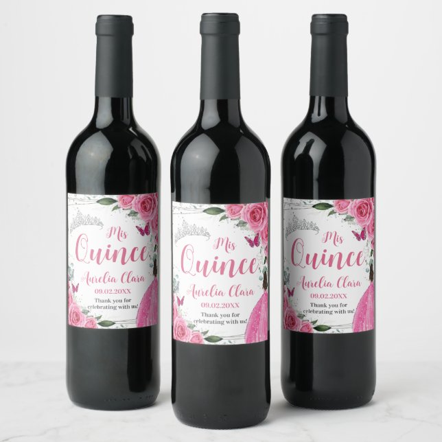 Fuchsia Pink Floral Princess Silver Quinceañera 15 Wine Label (Bottles)